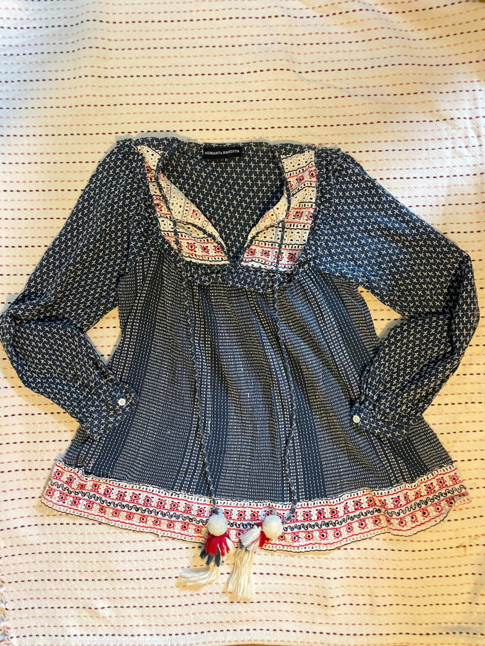 HEMANT & NANDITA Navy Printed Girls' Boho Top with Red Trim